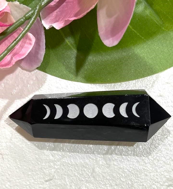 Black Obsidian Double Terminated Wand with Silver Moon Phases