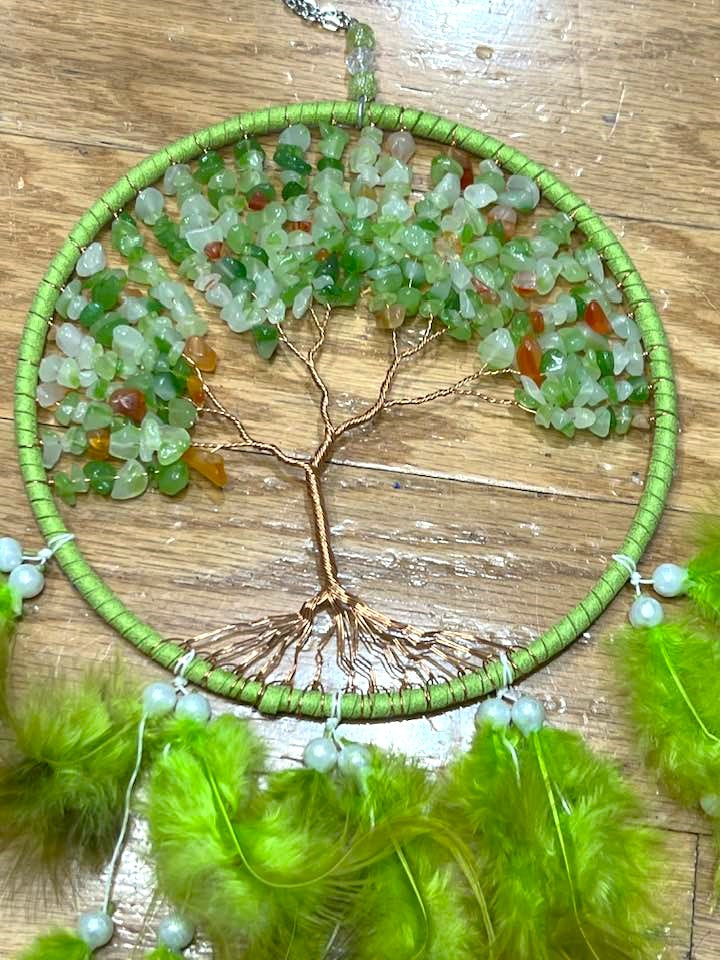 Tree of Life Green Dreamcatcher with Green Quartz and Carnelian