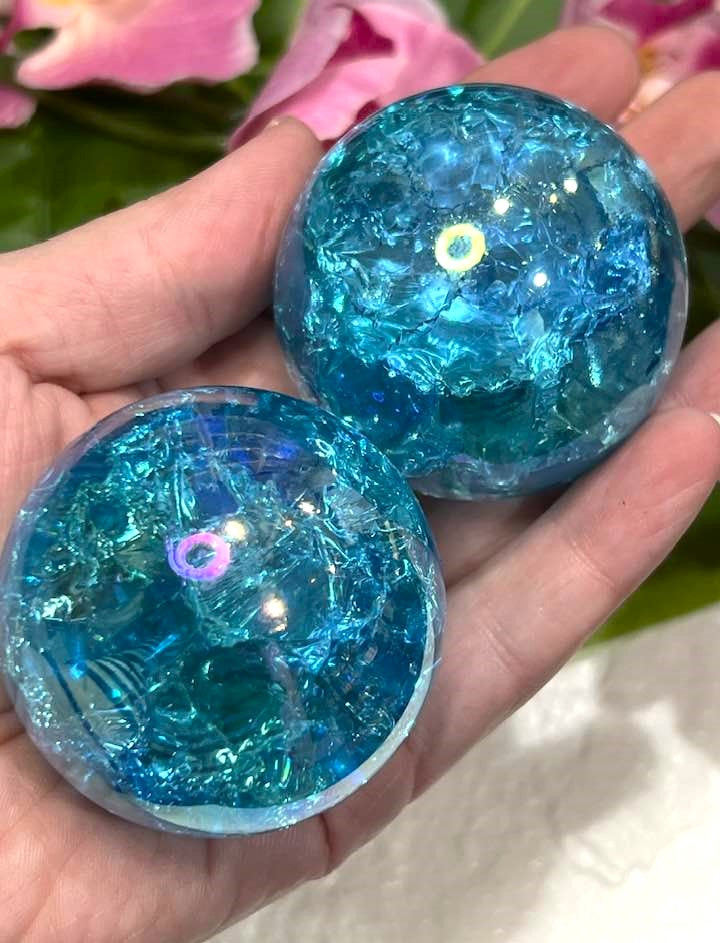 Blue Aqua Aura Fire & Ice Quartz Sphere 2"