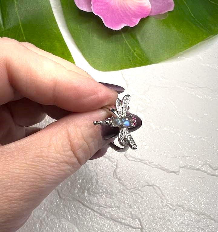 Adjustable Labradorite Dragonfly Ring