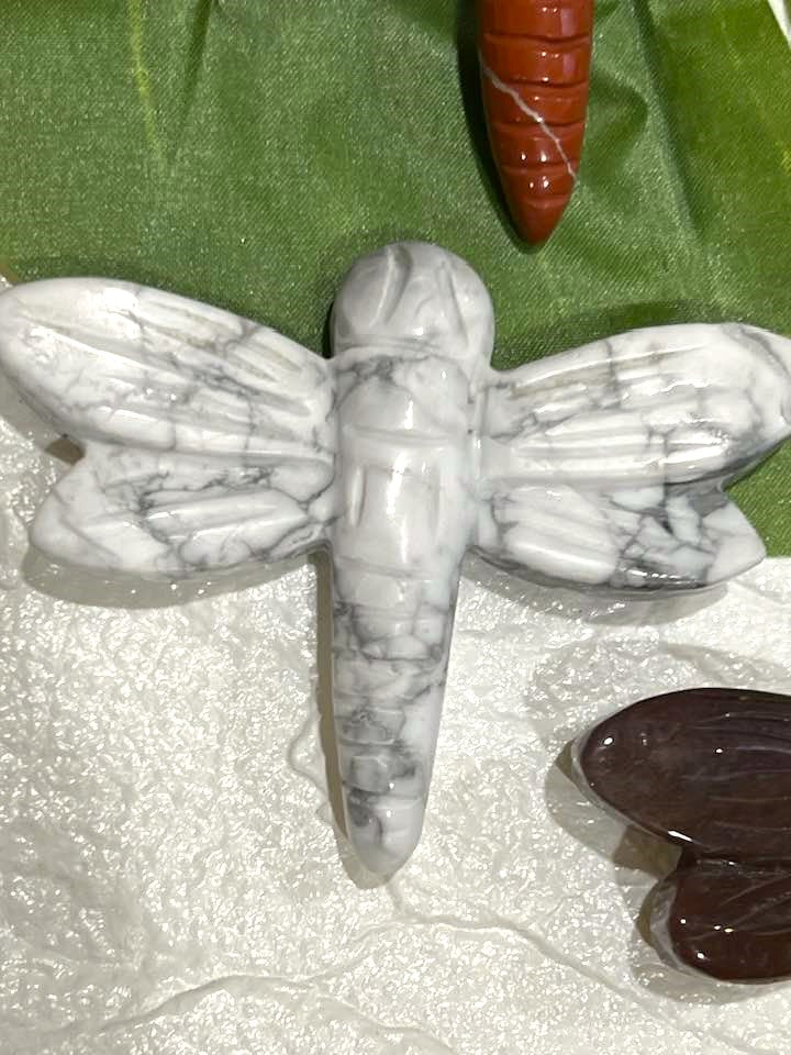 Dragonfly Carving in Howlite, Amethyst, Fluorite, Red Jasper, Agate