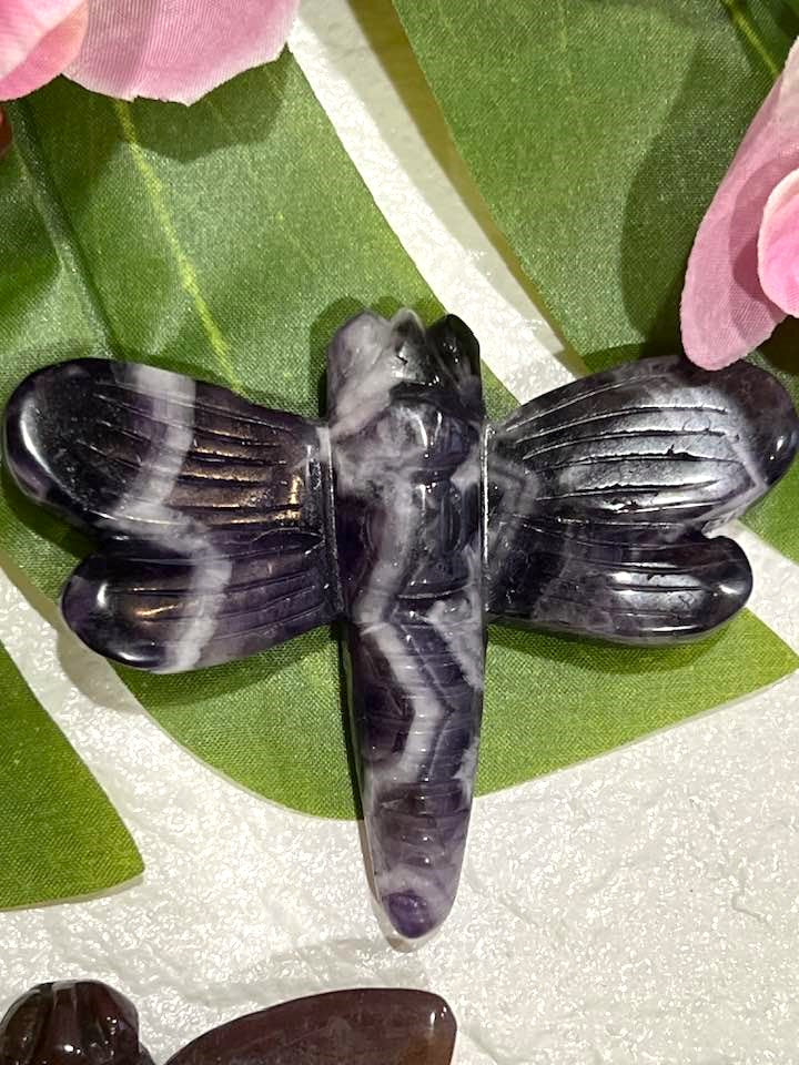 Dragonfly Carving in Howlite, Amethyst, Fluorite, Red Jasper, Agate