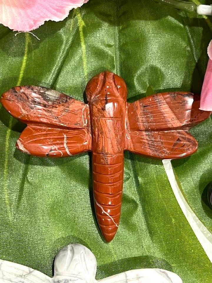 Dragonfly Carving in Howlite, Amethyst, Fluorite, Red Jasper, Agate