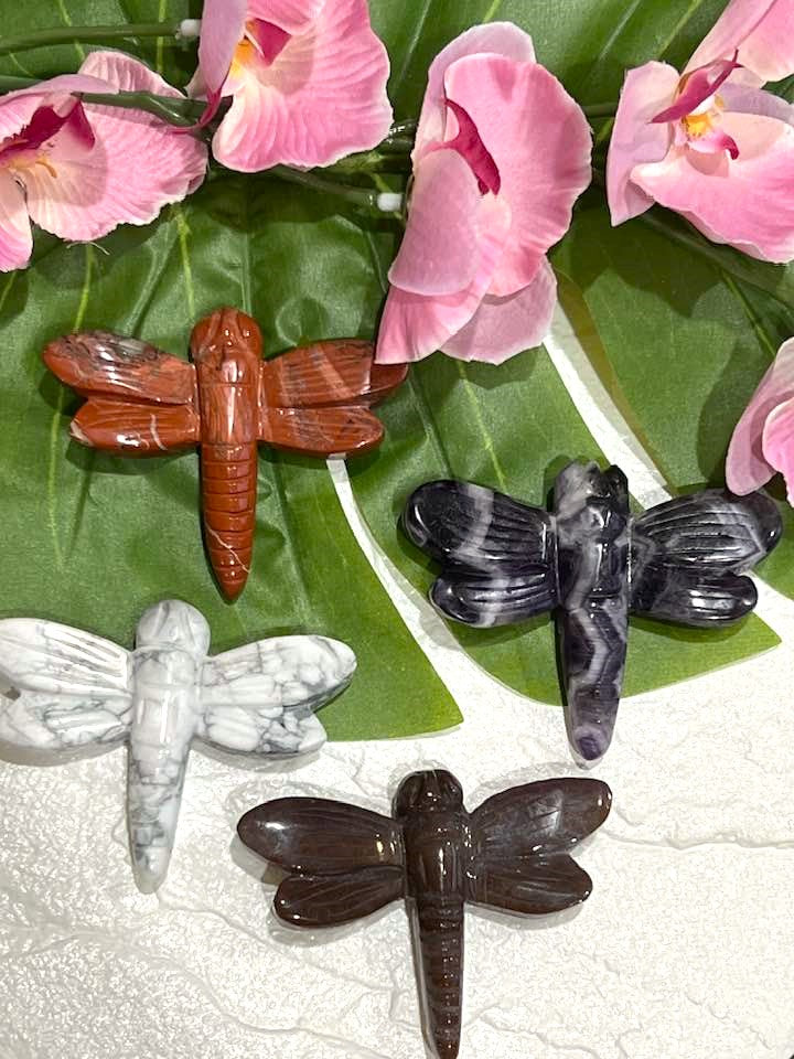 Dragonfly Carving in Howlite, Amethyst, Fluorite, Red Jasper, Agate