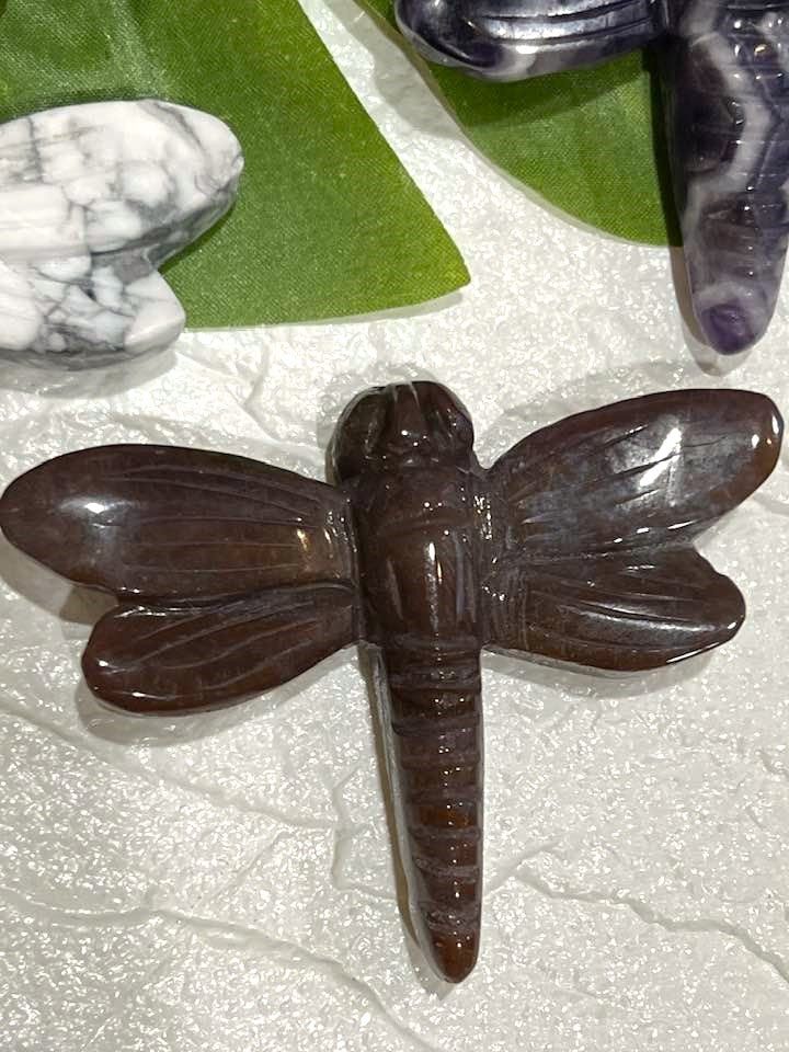 Dragonfly Carving in Howlite, Amethyst, Fluorite, Red Jasper, Agate