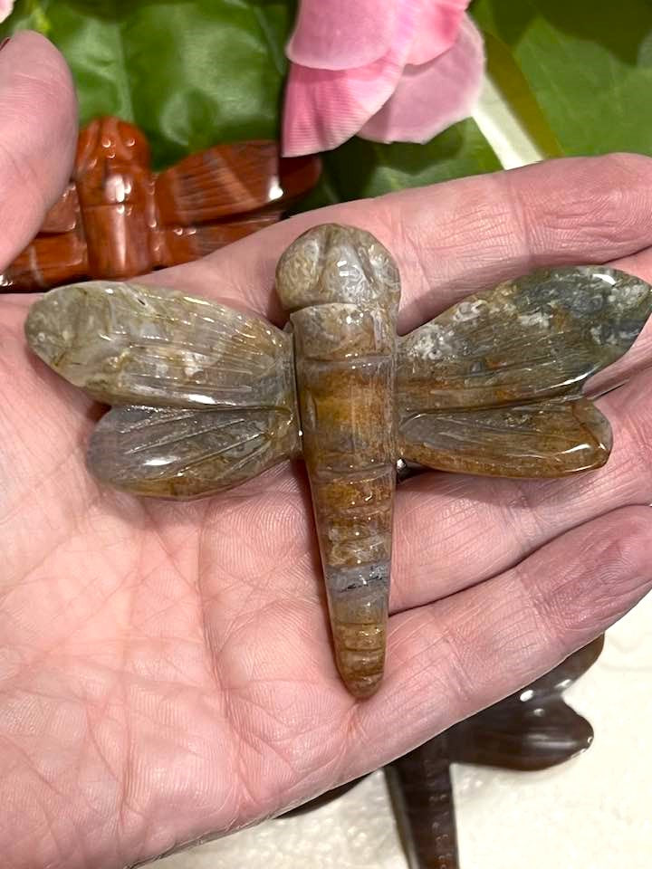 Dragonfly Carving in Howlite, Amethyst, Fluorite, Red Jasper, Agate