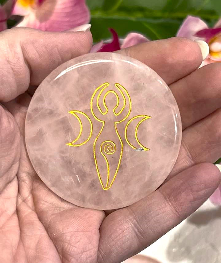 Rose Quartz Palm Stone with Triple Moon Goddess or Pentagram
