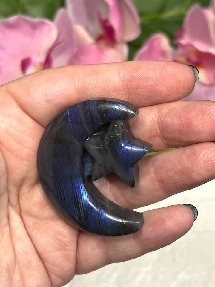 Labradorite Crescent Moon and Star Carving