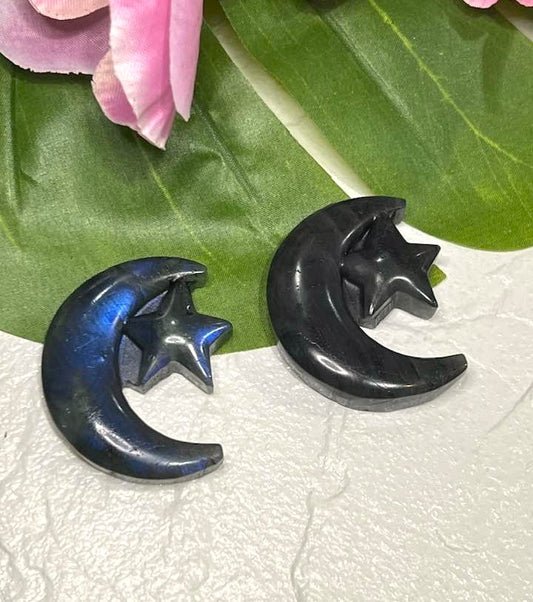 Labradorite Crescent Moon and Star Carving