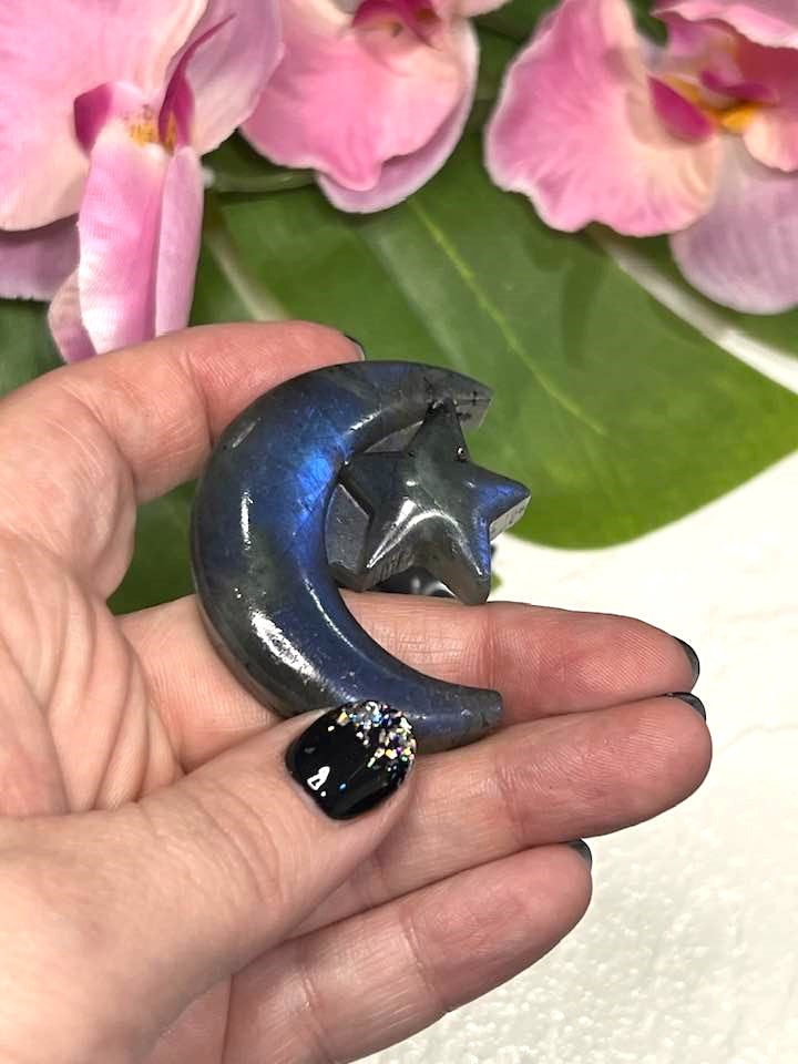 Labradorite Crescent Moon and Star Carving