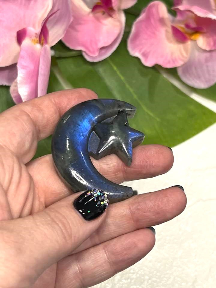 Labradorite Crescent Moon and Star Carving