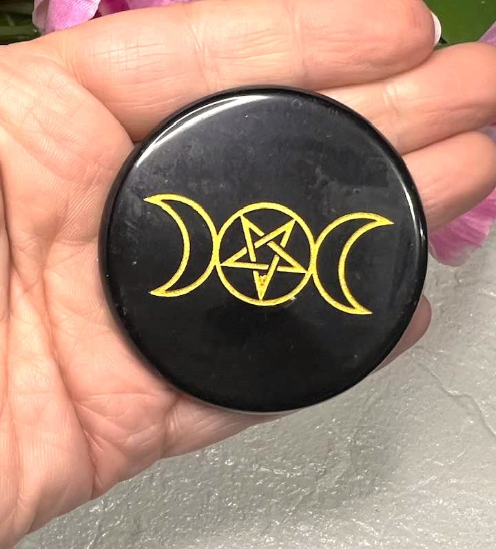 Black Obsidian Triple Moon Pentagram Altar Tile