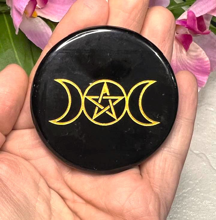 Black Obsidian Triple Moon Pentagram Altar Tile