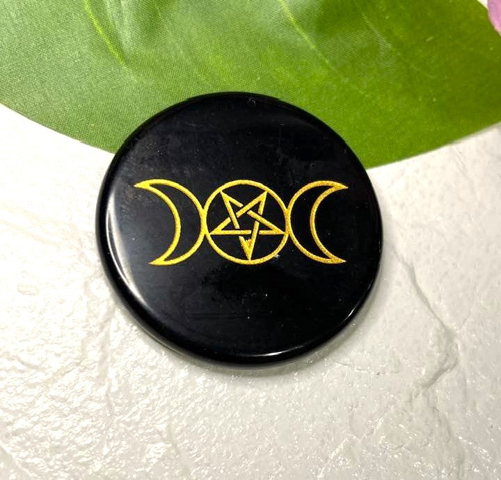 Black Obsidian Triple Moon Pentagram Altar Tile