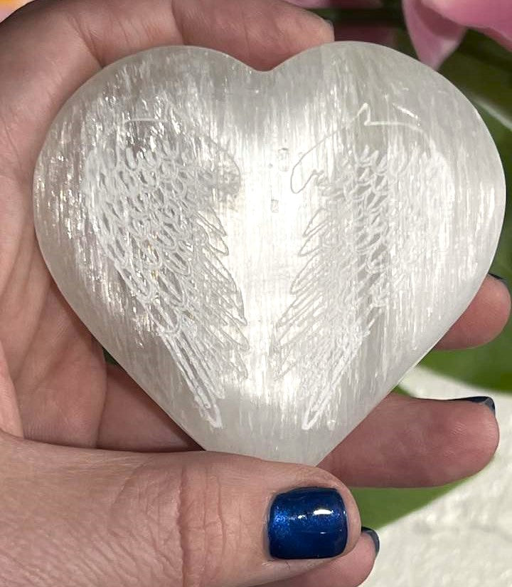 White Selenite Heart with Angel Wings