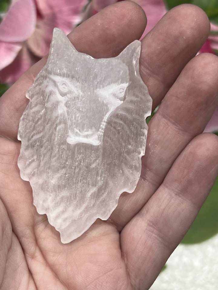 Selenite Wolf Carving