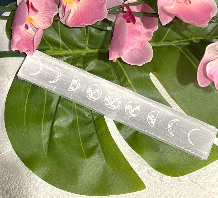 White Selenite Wand with Moon Phases