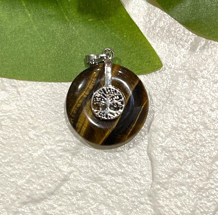 Tree of Life Disk Pendant in Amethyst, Obsidian, Tiger's Eye, Lapis Lazuli or Fluorite