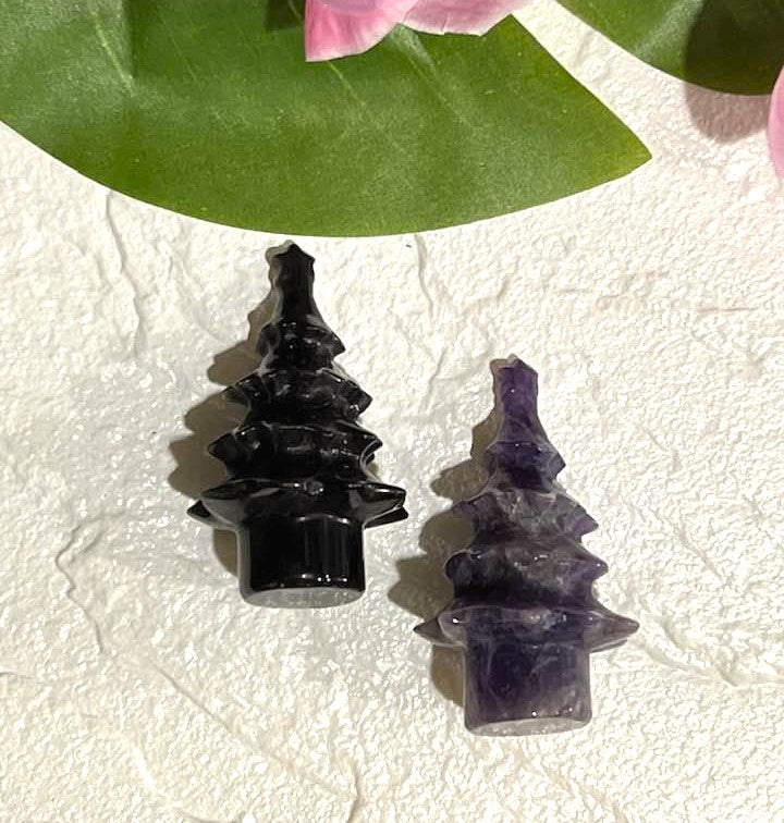 Christmas or Yule Tree Carving in Amethyst, Lepidolite or Silver Sheen Obsidian