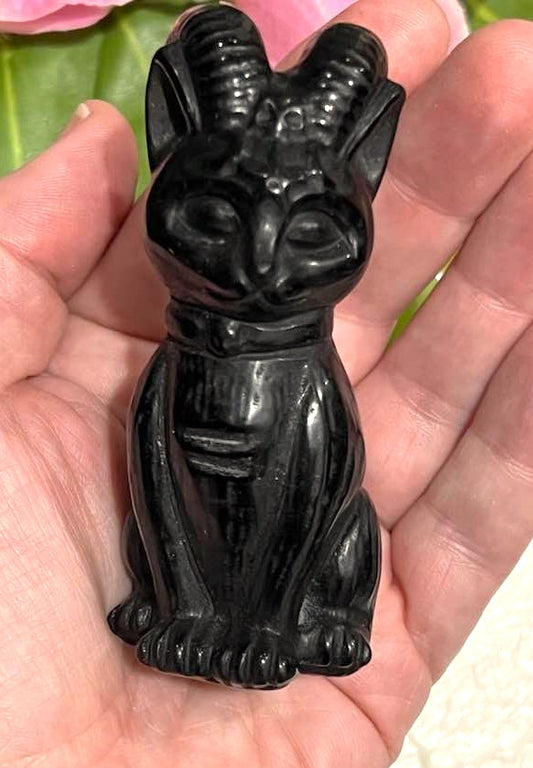 Black Obsidian Horned Cat Carving