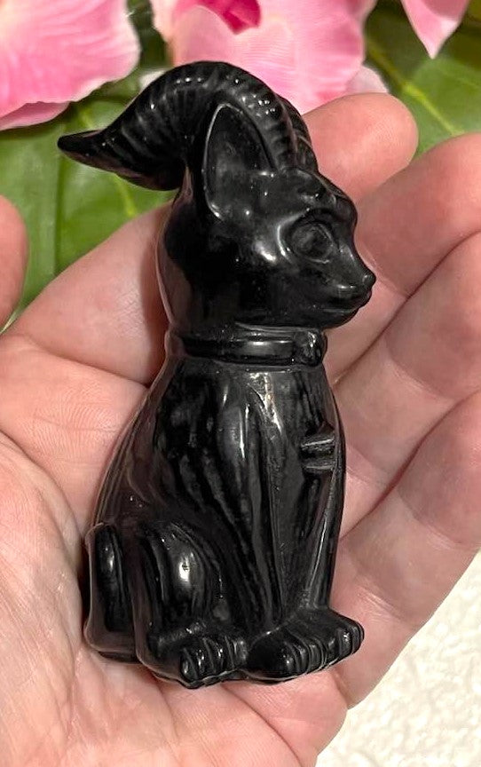 Black Obsidian Horned Cat Carving