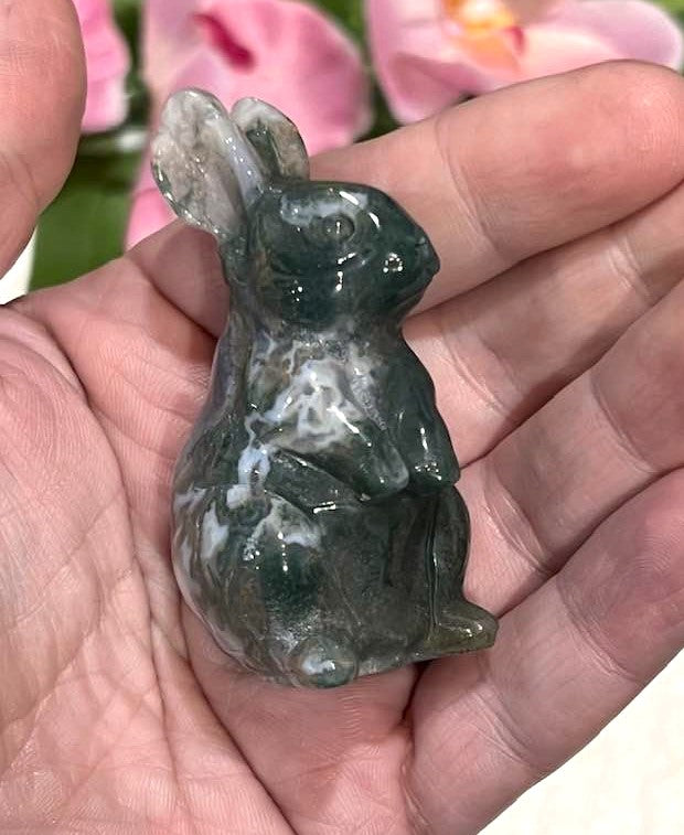 Large Carved Bunny Rabbit in Lepidolite, Yellow Fluorite or Moss Agate