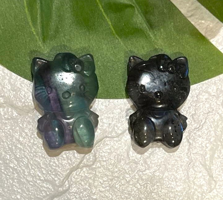 Hello Kitty Carving in Rainbow Fluorite or Labradorite