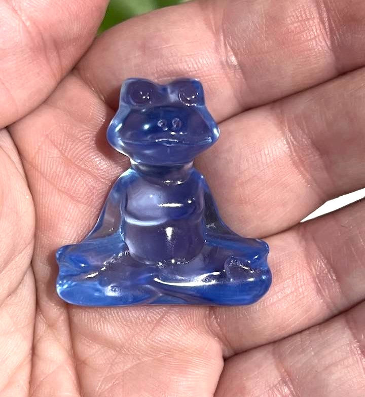 Meditating Frog in in Obsidian, White Agate, Lepidolite, Aventurine, Yellow Calcite, Green Grass Agate, Blue Opalite and Pale Fluorite