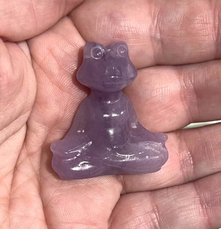 Meditating Frog in in Obsidian, White Agate, Lepidolite, Aventurine, Yellow Calcite, Green Grass Agate, Blue Opalite and Pale Fluorite