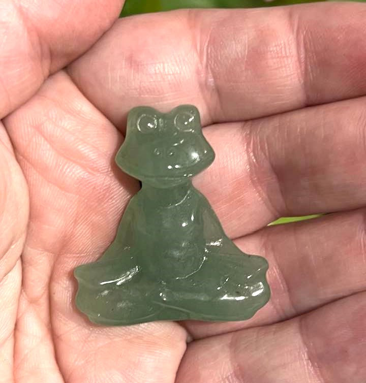 Meditating Frog in in Obsidian, White Agate, Lepidolite, Aventurine, Yellow Calcite, Green Grass Agate, Blue Opalite and Pale Fluorite