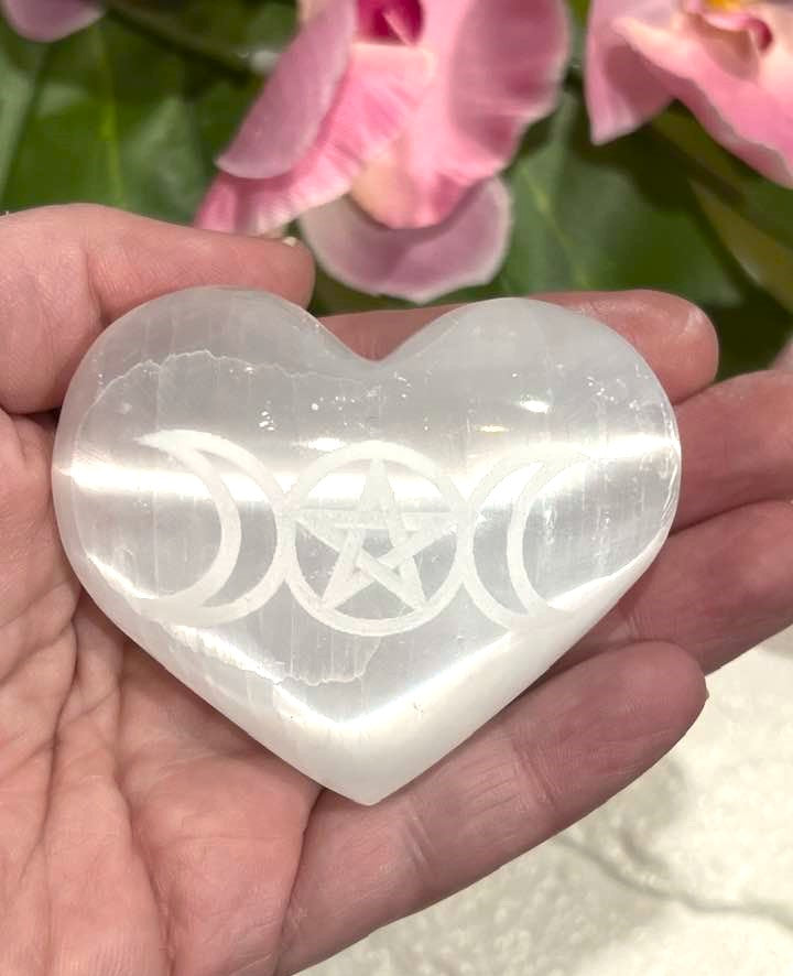 Selenite Heart with Triple Moon and Pentagram