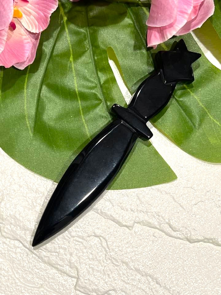 Black Obsidian Athame Knife with Star Handle