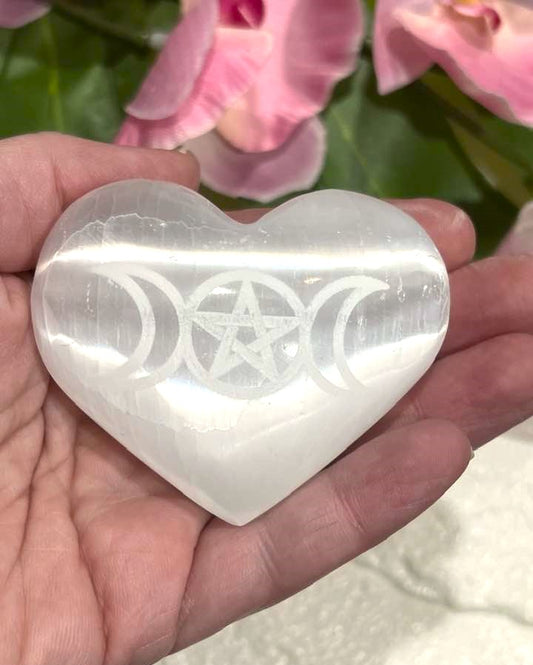 Selenite Heart with Triple Moon and Pentagram