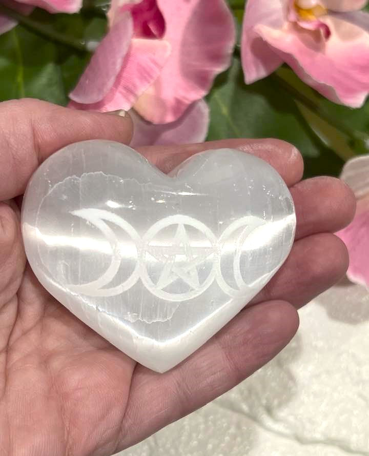 Selenite Heart with Triple Moon and Pentagram