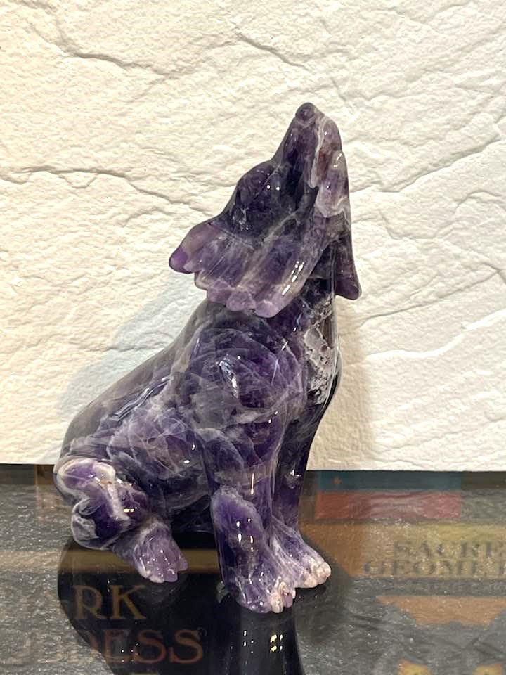 Howling Wolf Carving in Amethyst or Rainbow Fluorite