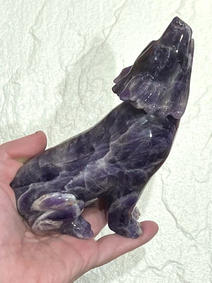 Howling Wolf Carving in Amethyst or Rainbow Fluorite