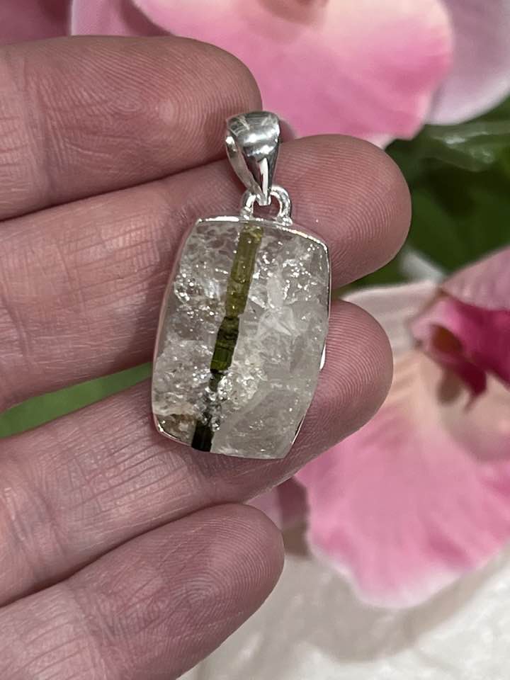 Sterling Silver Green Tourmaline in Quartz Pendant Collection - Raw