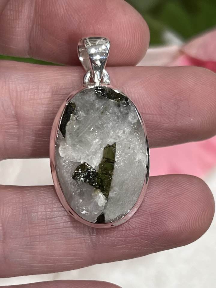 Sterling Silver Green Tourmaline in Quartz Pendant Collection - Raw