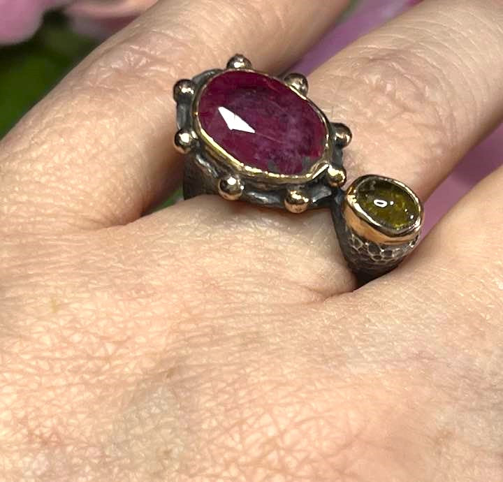 Artisan Turkish .925 Silver Ring with Red Ruby and Tourmaline Size 8.5
