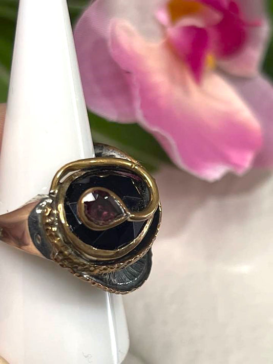 Artisan Turkish Silver Ring with Onyx Lilly and Red Garnet Dew Drop Size 10