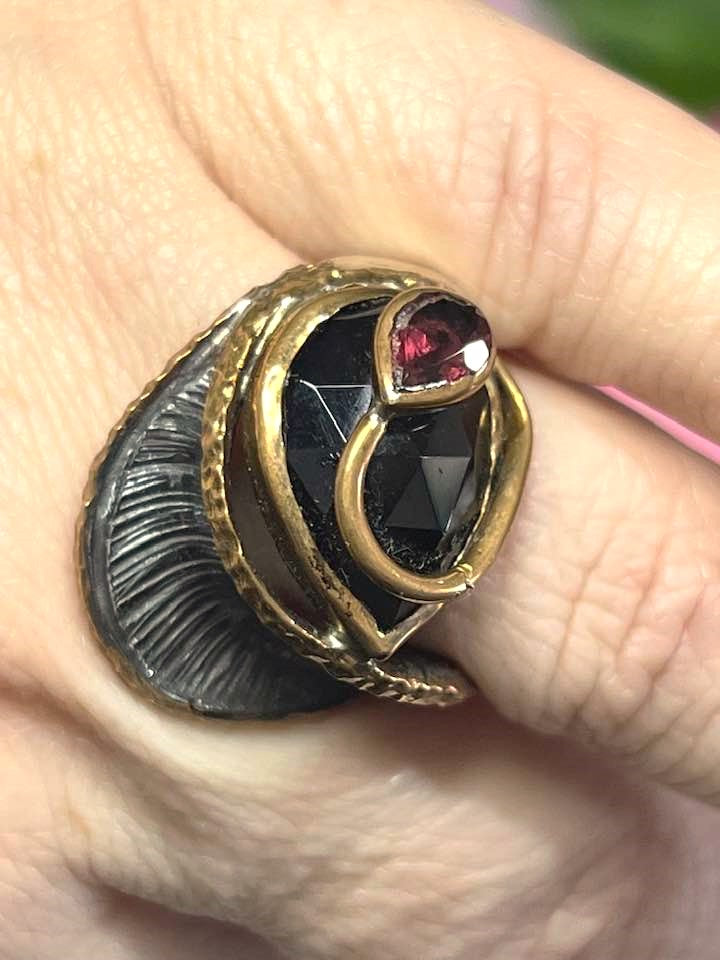 Artisan Turkish Silver Ring with Onyx Lilly and Red Garnet Dew Drop Size 10