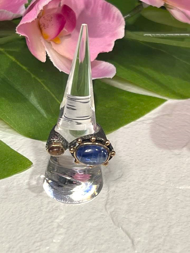 Artisan Turkish .925 Silver with Blue Kyanite and Yellow Tourmaline Size 8.5