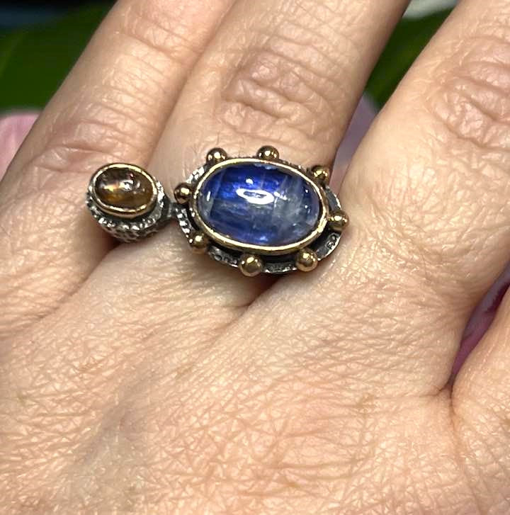 Artisan Turkish .925 Silver with Blue Kyanite and Yellow Tourmaline Size 8.5